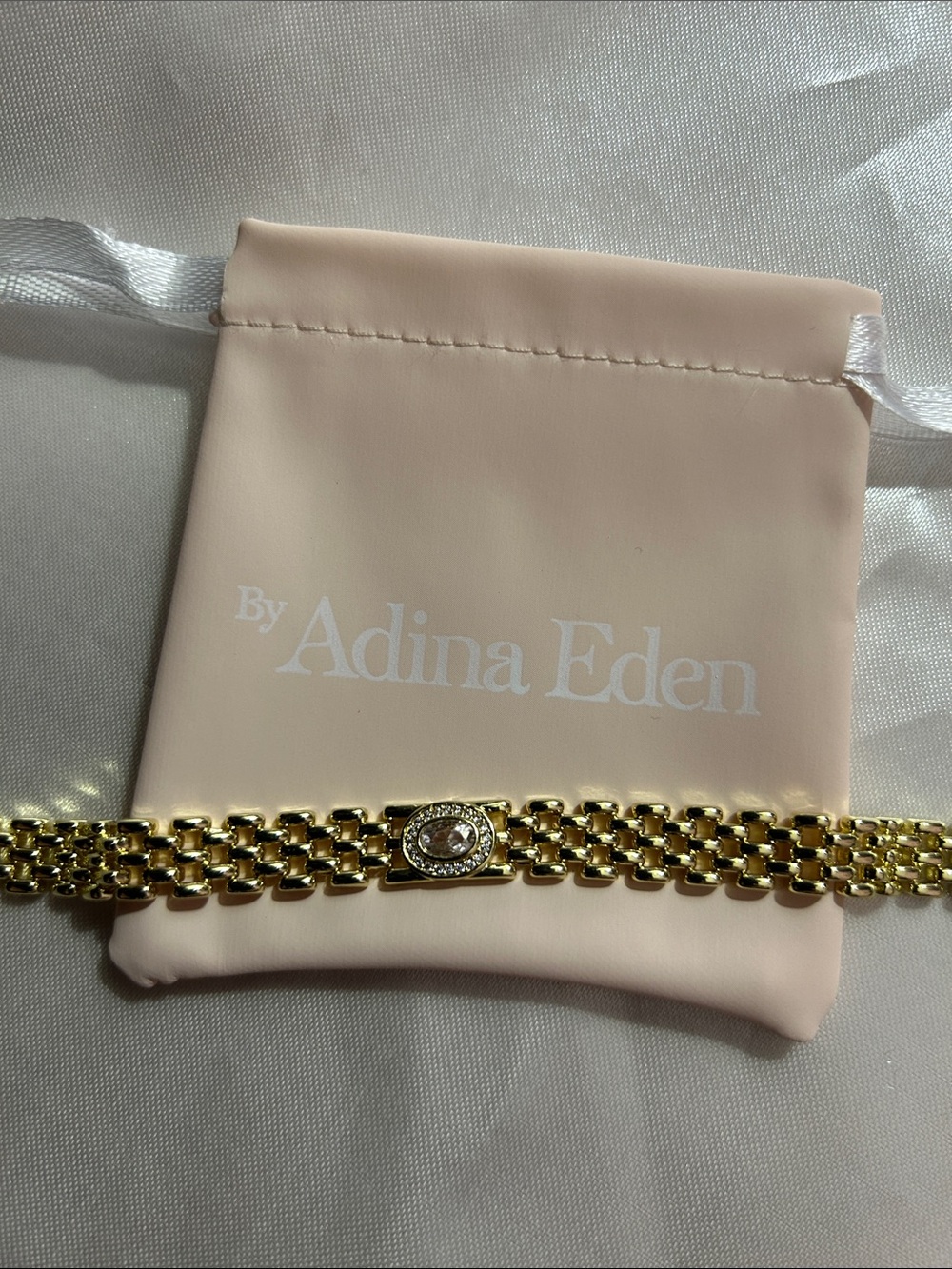 Adina Eden Gold Link Bracelet with Pale Lilac Oval Crystal In a CZ Halo Setting - Picture 2 of 6